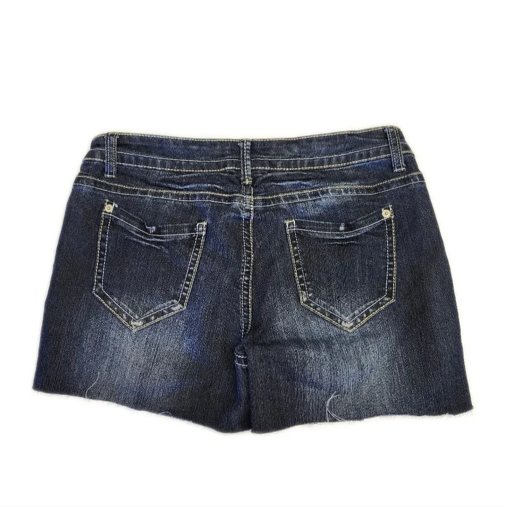 Blue Asphalt cut-off denim shorts, 67% cotton, dark wash with distressing 9